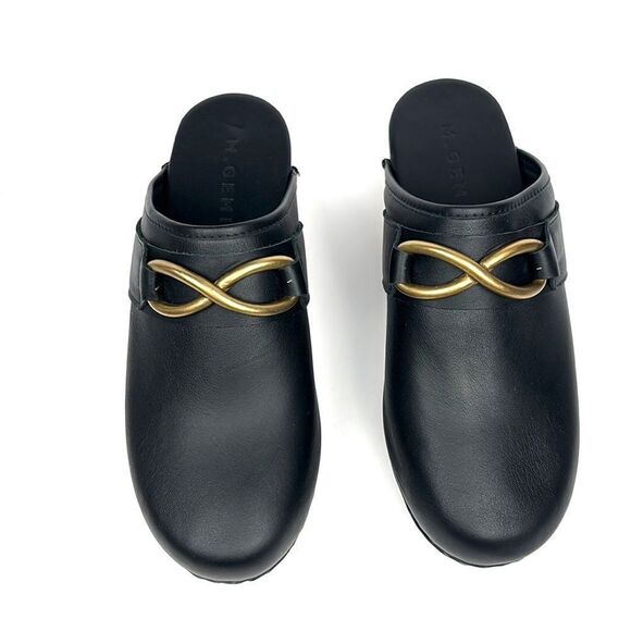 M. Gemi Black Leather Mules with Gold Accent - Picture 4 of 16